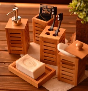 Wooden Bathroom Set Six Piece Rectangle Minimalist Style <b>Soap</b> Dish Toothbrush <b>Holder</b> Dispenser With Pump Easy To Clean - Product Image 1