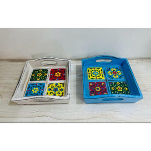 Plateaux de service carrés en bois faits à la main, lot de 2 (Art Déco) - Résistants à la chaleur et avec fonction coulissante pour les mariages et les occasions de Diwali - Product Image 3