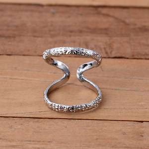 925 Sterling Silver Double Band <b>Adjustable</b> <b>Ring</b> – Textured Engraved Wrap <b>Ring</b> Handmade Open Cuff Minimalist Stackable Jewelry - Product Image 1