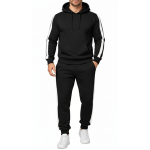 Conjunto deportivo clásico para hombre con franja lateral, sudadera con capucha y pantalones en negro y blanco, ropa informal para gimnasio, traje para correr. - Product Image 1