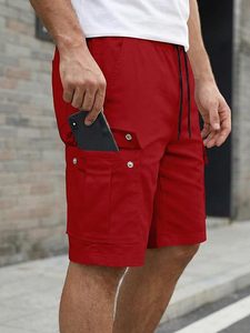 Shorts cargo pour homme, écologiques, rouges, taille mi-haute, avec cordon de serrage, décontractés, avec poches, respirants, en tissu 100% coton - Product Image 3