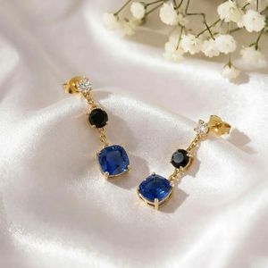 Blue Sapphire Gemstone Earrings With <b>Black</b> Obsidian Drop Cushion Cut Dangle Earrings Fine Jewelry Gift For Women - Product Image 1