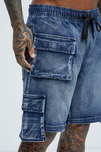 Pantalones Cortos Cargo de Mezclilla Azul para Hombre, Cintura Media, Cierre Elástico, con Bolsillos con Solapa, Estilo Casual, Acabado Lavado - Product Image 4