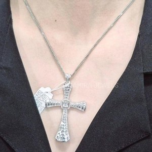 925 Silver Moissanite <b>Cross</b> Pendant Baguette Cut Channel Setting Religious Unisex <b>Charm</b> - Product Image 4