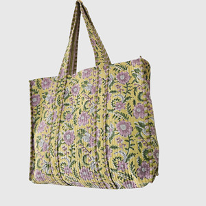 Sac fourre-tout en coton à imprimé floral, jaune, rose, vert, style bohème, ouvert, sac de shopping pour femmes, toutes saisons - Product Image 2