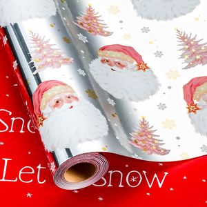 Rotolo di carta da regalo natalizia reversibile, lamina metallica argentata, alberi di Natale, rosso, con scritta IT e neve, confezione regalo, articoli per le festività - Product Image 1