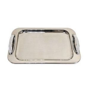 Plateau de service rectangulaire de luxe en métal avec poignées en cristal, plaqué argent, pour mariages, hôtels et décoration en gros - Product Image 1