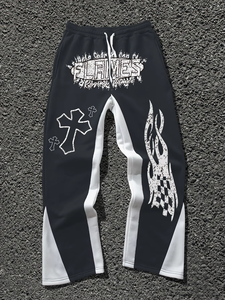 <b>Men's</b> Eco-friendly 100% Cotton Black Sweatpants Acid Wash <b>White</b> Flames Cross Print Elastic Waist Drawstring Street Style <b>Pants</b> - Product Image 2