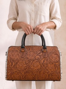 Hand-Tooled Genuine Leather Lightweight Foldable Weekender Duffel Bag Waterproof Large Capacity for Travel Sports Clothes - Product Image 4