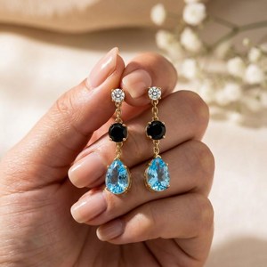Natural Sky Blue Topaz Pear Drop Earrings With <b>Black</b> Obsidian Oval CZ Accent Handmade Gemstone Jewelry Gift For Her - Product Image 6