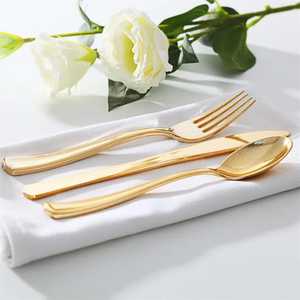 Juego de cubiertos de lujo de acero inoxidable dorado con mango curvo, juego de vajilla, cuchara, tenedor, cuchillo dorados para eventos de hotel - Product Image 1