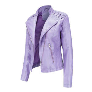 Violet clair fermeture éclair Moto Biker Style ajusté matelassé point cuir vestes pour femmes avec des accents de dentelle poches zippées automne élégant - Product Image 5