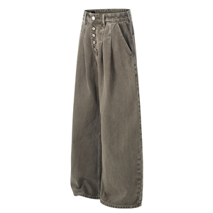 Pantalon en jean taille haute à jambe large pour homme, coupe ample, en coton délavé, style décontracté, couleur unie, avec boutons sur le devant, collection automne - Product Image 4