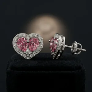 Boucles d'oreilles clous micro-pavées en forme de cœur pour femme en or 14 carats, bijoux fins avec saphir rose taille poire cultivé en laboratoire et diamants ronds - Product Image 1