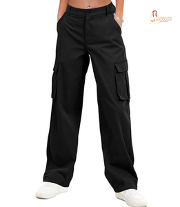 Pantalon cargo décontracté taille haute multi-poches pour femme, séchage rapide, couleur unie, coupe large, idéal pour l'automne (vente en gros) - Product Image 1