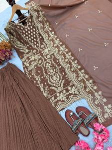 ชุดเดรส Anarkali สีน้ำตาลปักลายสไตล์ปากีสถาน ชุดเลเฮนกาแขนยาว พร้อมผ้าคลุมไหล่ สำหรับงานปาร์ตี้และงานแต่งงาน - Product Image 5