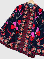 Veste en velours brodée de fleurs, col mandarin, manches longues, grande taille, style Prairie Chic pour femmes, style automne