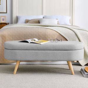Oval Ottoman <b>Storage</b> Bench with <b>Grey</b> Rubber Wood Legs 43.5\"x16\"x16\" Patio Bench - Product Image 3