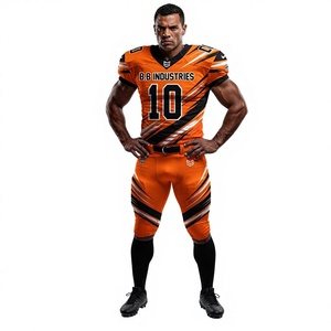Uniforme de football américain pour jeunes hommes, design dynamique à rayures orange et noires, maillot personnalisé, pantalon numéro 10, kit complet B.B Industries - Product Image 1