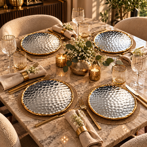 Assiette à dîner en argent martelé avec surface métallique texturée et bordure dorée |   Assiette de service décorative ronde moderne - Product Image 4
