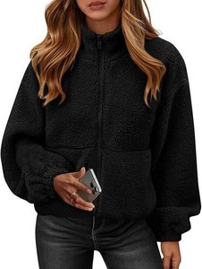 Veste polaire pour femme avec fermeture éclair, col montant, manches longues, couleur unie, manteau d'hiver chaud en peluche noir, coupe régulière - Product Image 3