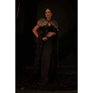 Sari Étnico Negro de Diseñador con Blusa Decorativa para Mujer al Mejor Precio al por Mayor - Product Image 2