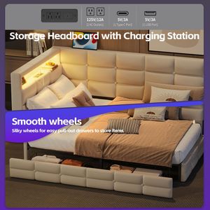 Upholstered Twin Size Daybed <b>LED</b> Lights Storage Headboard 2 Drawers Charging Station Day <b>Bed</b> Frame Practical Storage Features - Product Image 3