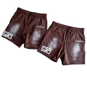 Pantalones cortos de algodón lavados con ácido de cintura alta para hombre, pantalones cortos franceses de lona transpirable para correr, logotipo con estampado de diamantes de imitación personalizado - Product Image 2