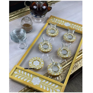 Yellow Mother of Pearl Serving Tray Set | <b>Acrylic</b> Tea Tray with Coasters | Luxury Ramadan Eid Home Decor Gift Majlis Table Decor - Product Image 2