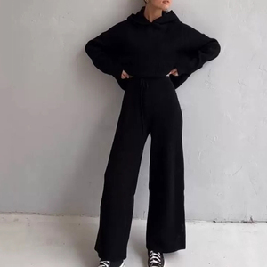 Ensemble décontracté deux pièces pour femme en tricot côtelé à capuche, coupe régulière, survêtement long, couleur unie, Spandex/Polyester, avec poches, toutes saisons - Product Image 2