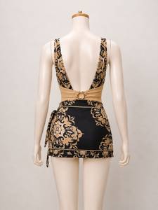 TR-SW-015 Premium Black & Gold Baroque Print One-Piece Women's <b>Swimsuit</b> with Elegant Ring Detail & Matching <b>Wrap</b> Skirt - Product Image 2