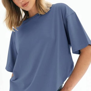 T-shirt pour femme à col rond surdimensionné, couleur unie, coupe ample, manches courtes, 100% coton, tissu jersey respirant, à porter toute l'année, OEM - Product Image 2