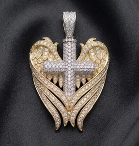 Colgante de Cruz de Moissanita con Alas de Ángel y Corazón, Joyería de Color Dorado para Regalo y Moda - Product Image 3