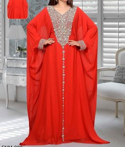 Abaya Roja Bordada de Poliéster, Larga Hasta el Suelo, para Mujer, Cuello Alto, Manga Larga, Talla Grande, Elegante, Estilo de Oriente Medio, Corte Regular, para Fiesta - Product Image 1