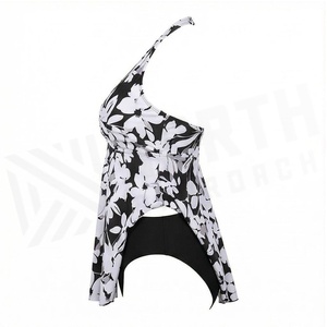 Women Floral Print Halter Tankini 2 Piece <b>Set</b> Plus Size with Ruched Twist Detail Front Logo and Shorts Bottom - Product Image 3