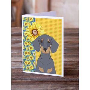 Paquete de tarjetas de felicitación caprichosas de girasoles de verano y Dachshund 8 tamaño A7 5x7 tarjetas de notas en blanco con sobres de bronceado azul - Product Image 2