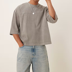 T-shirt en coton gris surdimensionné pour homme, manches courtes, col rond, couleur unie, décontracté, tricoté, streetwear, respirant, séchage rapide, écologique - Product Image 4
