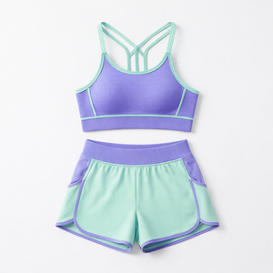 Ensemble de yoga pour femme, couleur menthe violette, bretelles croisées, short taille haute, respirant, en spandex, vêtements de sport 2 pièces - Product Image 1