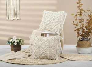 Embroidery Boho Macrame Cushion <b>Cover</b> Handmade Square <b>Throw</b> Pillow <b>Cover</b> for Bed, <b>Sofa</b>, Couch Home Décor 16x16 Inch - Product Image 4