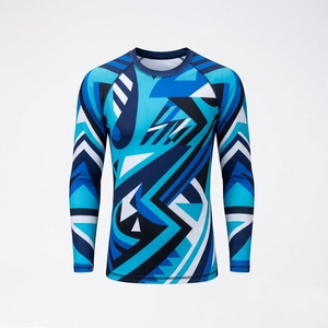เสื้อรัดกล้ามเนื้อแขนยาวสำหรับผู้ชาย พิมพ์ลายแบบ Heat-Transfer แห้งเร็ว สำหรับเล่นกีฬา ลายเรขาคณิต สีน้ำเงิน ขาว ดำ UPF50 - Product Image 6