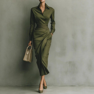 Elegante Abito Lungo con <span class=keywords><strong>Colletto</strong></span> a <span class=keywords><strong>Camicia</strong></span>, Vestito Aderente Sexy con Maniche Lunghe e Arricciature, Verde Oliva, per Ufficio, Lavoro e Feste - Product Image 1