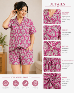 ชุดนอนผ้าฝ้ายพิมพ์ลายด้วยมือสำหรับผู้หญิง - ชุดนอนกางเกงขาสั้นและเสื้อพิมพ์ลายดอกไม้แบบชัยปุระ - ชุดนอนระบายอากาศสำหรับฤดูร้อน ขายส่ง - Product Image 6