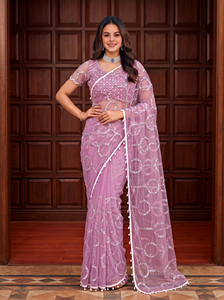Tela de Saree India de Diseño con Bordado de Lentejuelas, Perlas y Cuentas Decorativas - Product Image 4