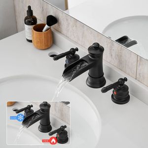 Rubinetto da Bagno Nero a 3 Fori da 8 Pollici con Doppia Leva e Scarico a Scomparsa per Lavabo - Product Image 3