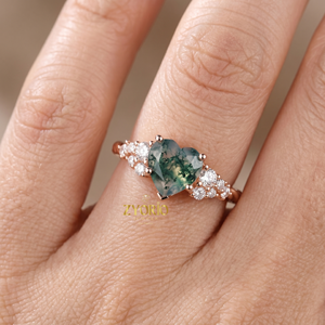 Anillo de compromiso de plata de ley 925 con ágata musgosa tallada en forma de corazón, anillo de promesa con racimo de diamantes y ágata musgosa verde para mujer - Product Image 6