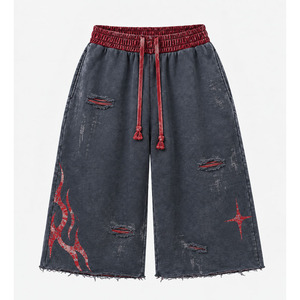 Pantalones Cortos Bermuda para Hombre, Desgastados con Ácido, Cintura con Cordón Ajustable, Estampado de Llamas Rojas - Product Image 1