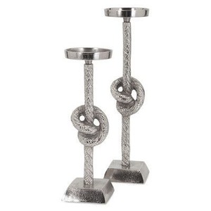 Ensemble de porte-bougies décoratifs en métal avec motif nœud argenté, finition métallique, support deux pièces - Product Image 1