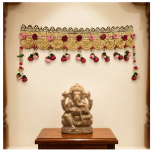 Traditional Ethnic Door Hanging Toran Bandhanwar with Golden Scalloped Lace Pink Floral Buds & Hanging Flower Tassels - Product Image 4