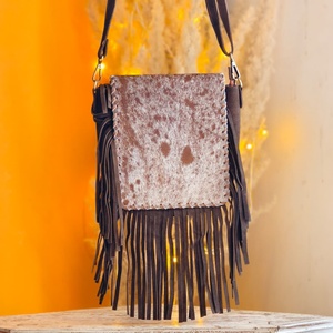 New Premium Quality 100% Genuine Leather Crossbody Shoulder <b>Sling</b> <b>Bag</b> Vintage Animal Print Western Hair Hide Fur Long Fringe - Product Image 1