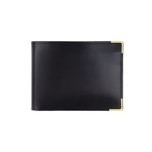 Portefeuille classique noir en cuir véritable pour homme, avec coins en métal doré brillant, rabat supplémentaire, format fin, disposition pratique pour espèces et cartes - Product Image 1